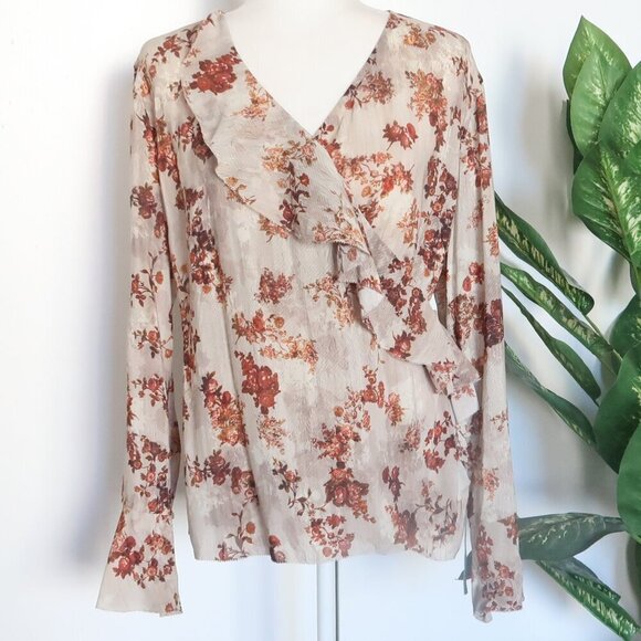 Peruvian Connection Beige Rusty Brown Floral Long Sleeve Ruffle Wrap Blouse Top - Picture 3 of 12